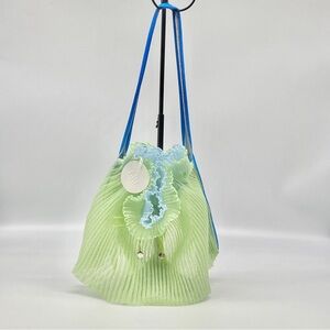 NWT NADIA WIRE GREEN BLUE FRILL BAG TRANSPARENT CINCH MESH SHOULDER STRAP MEDIUM